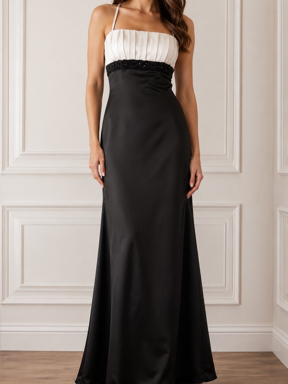 JS Collections Pleated Satin Evening Gown Size‎ 4 Beaded Waist Black Tie Prom